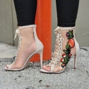 Women Ankle Open Toe‎ High Heel Booties Lace Up Nude Color